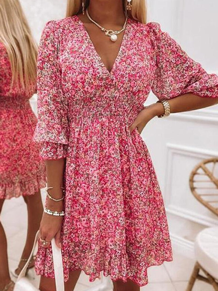 Zanna | Damesjurk met V-hals en 3/4 mouwen - Elegante Midi-jurk voor lente en zomer