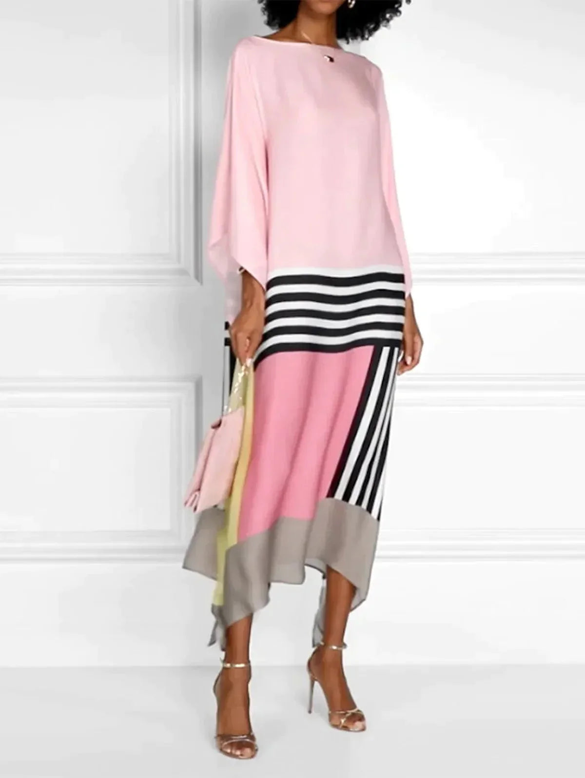 Galiana | Luxe gestreepte kaftan maxi jurk - lange mouwen, onregelmatige zoom, elegant dragen