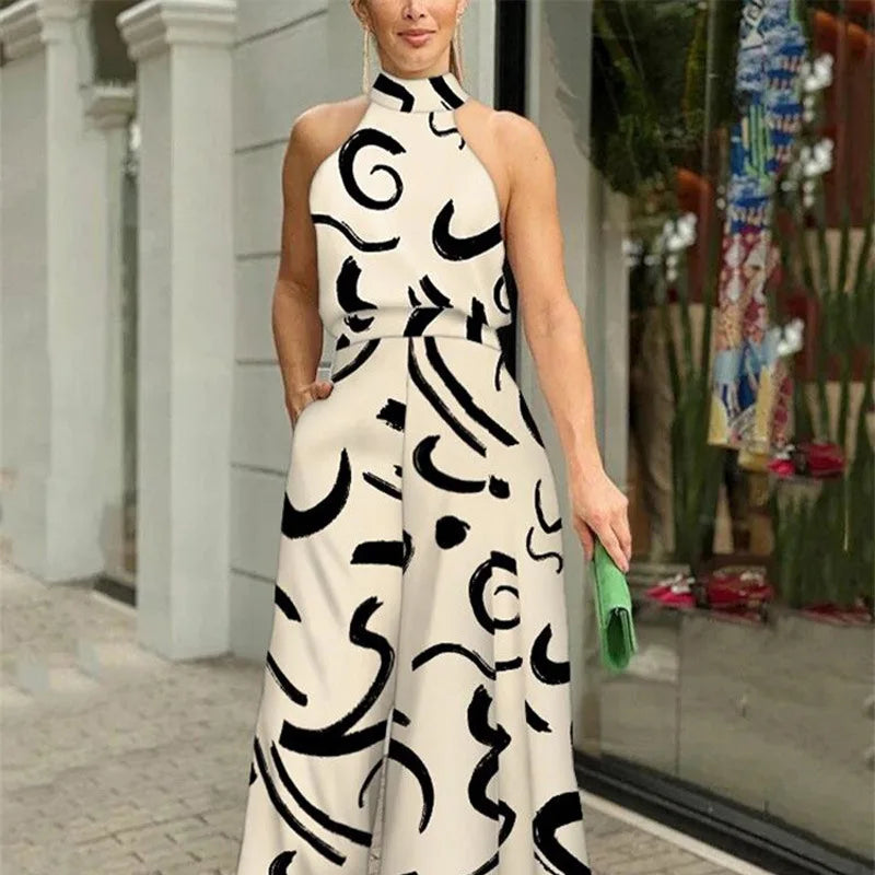 Bardha | Jumpsuit met abstracte print en wijde pijpen voor dames - Halterhals, Zomers Casual