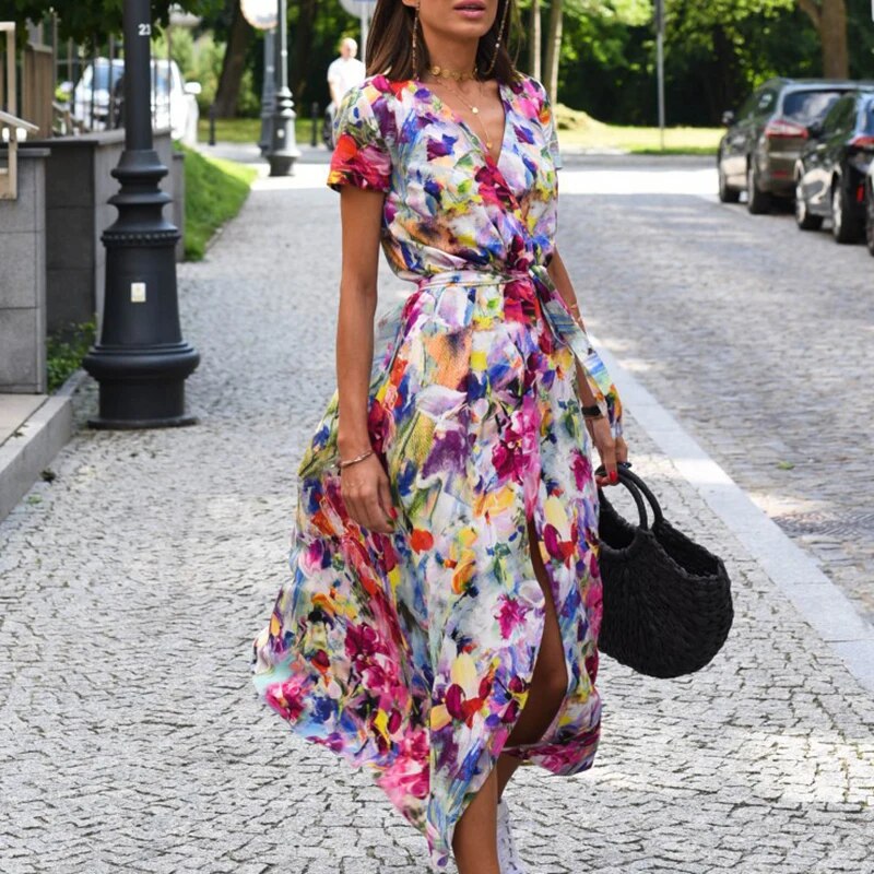 Bledina | Maxi jurk met levendige bloemenprint - Taillekoord, Lichtgewicht jurk