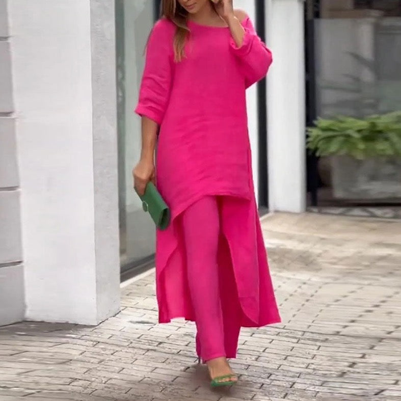 Xamara | Katoen Linnen Mix 2-delige set - Lange Mouw Top met Verlengde Rug & Relaxed Fit Broek