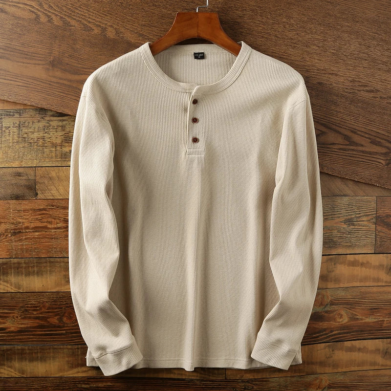 Aleksander | Heren Henley-shirt met lange mouwen – wafelbreisel, hoogwaardige katoenmix