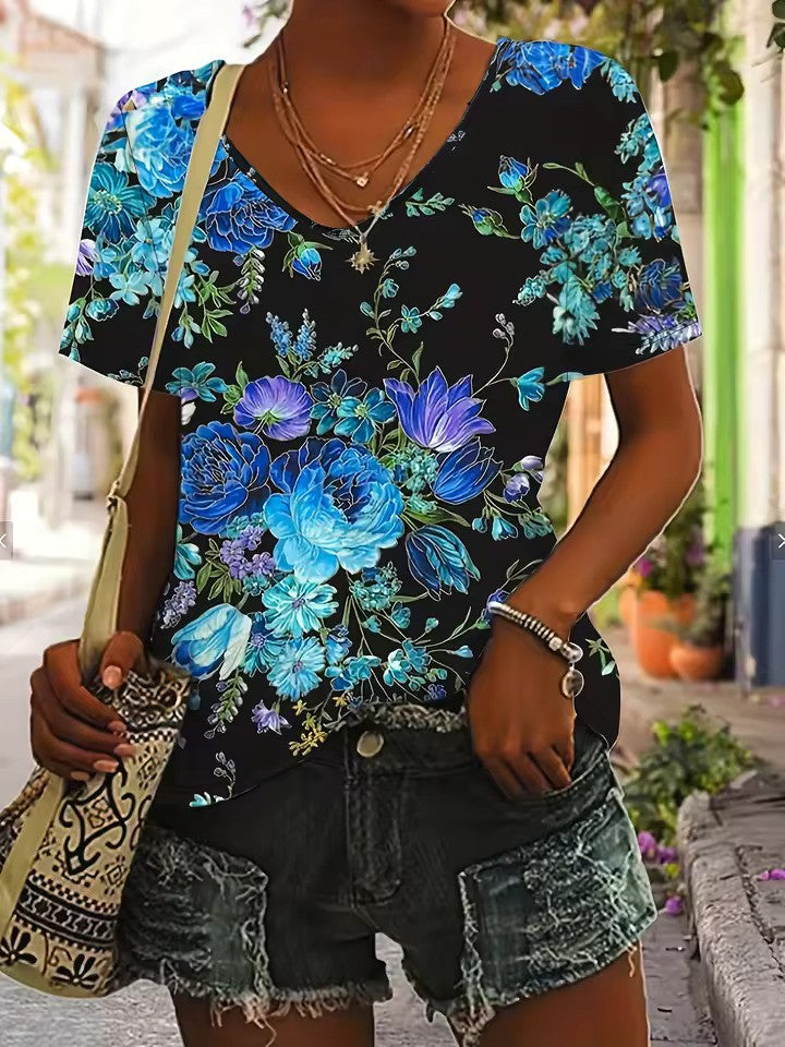 Zayenna | Retro V-hals T-shirt met all-over print voor dames - korte mouwen, casual zomertop
