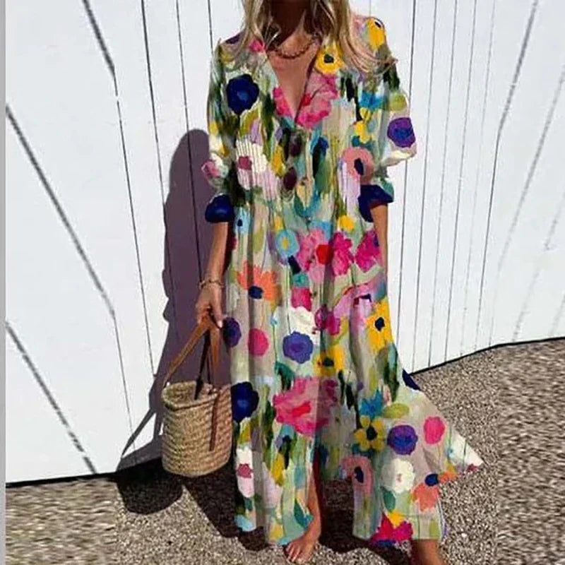 Elettra | Lange damesjurk met knoopsluiting - Boho stijl, V-hals