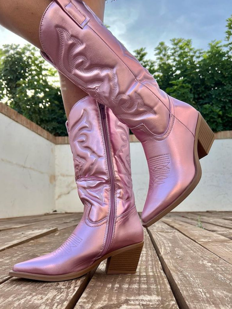 Stellara | Metalen cowboylaarzen voor dames, dikke zool, spitse neus, stijlvolle herfstschoenen