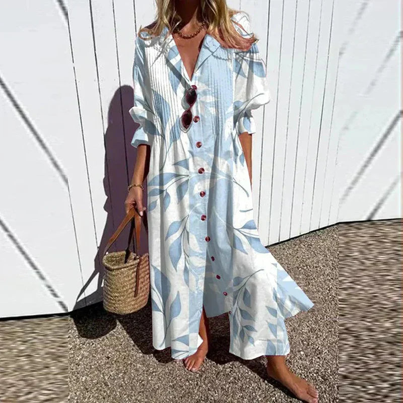 Elettra | Lange damesjurk met knoopsluiting - Boho stijl, V-hals