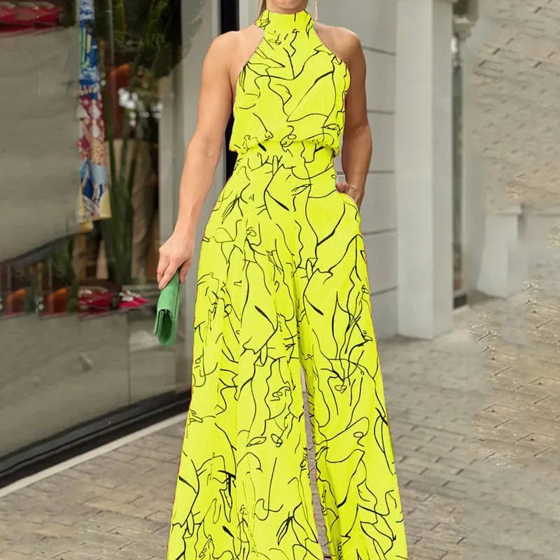 Bardha | Jumpsuit met abstracte print en wijde pijpen voor dames - Halterhals, Zomers Casual