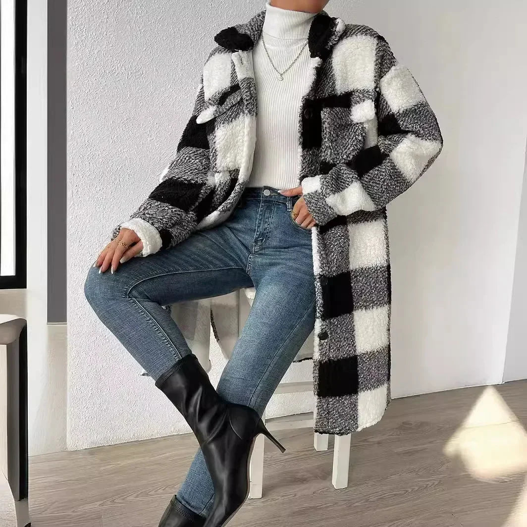 Veronica | Dames jas met ruitjesmotief – oversized pasvorm, knoopsluiting, zachte herfstjas