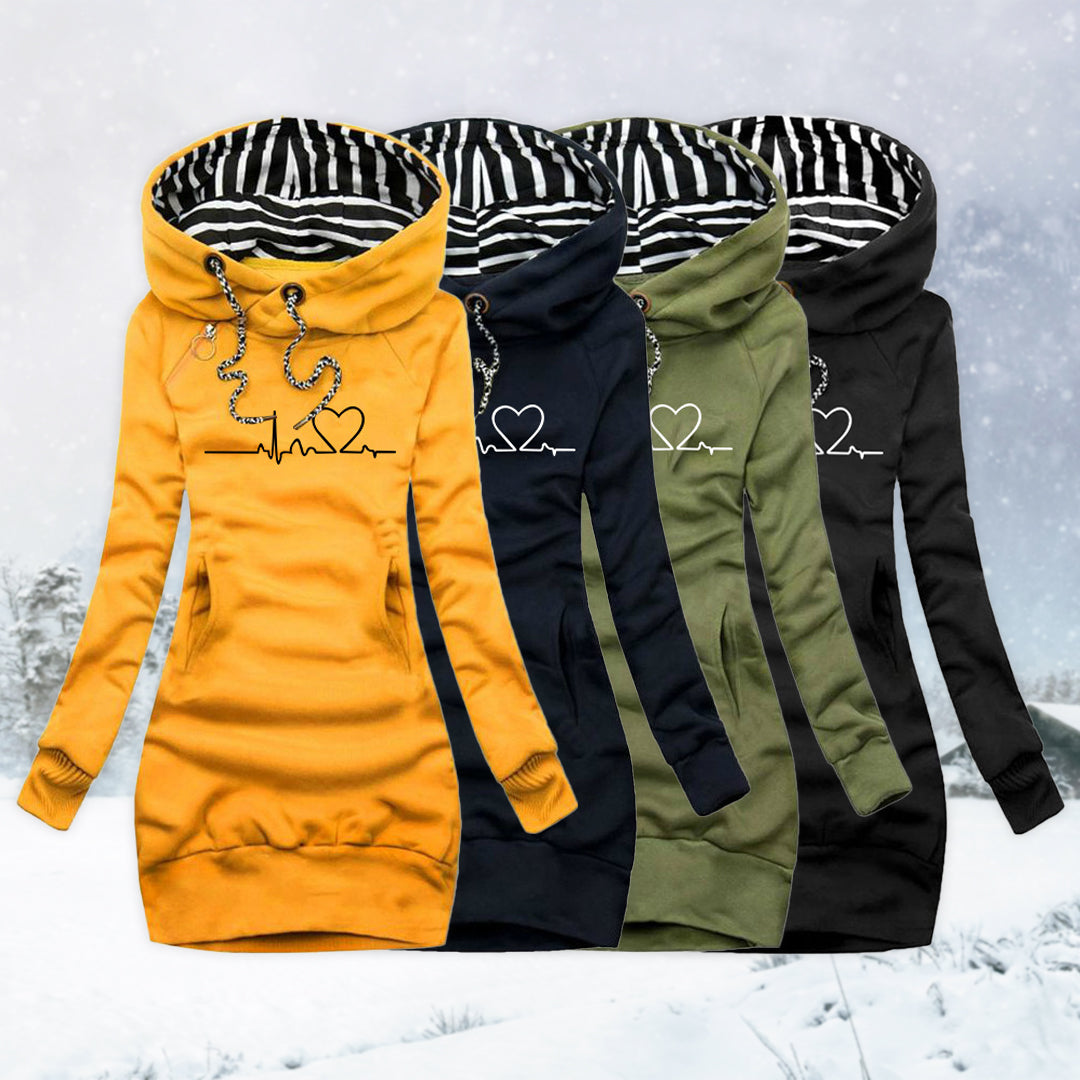 Melitta | Hoodiejurk voor dames met hartjesprint – Casual lange sweaterjurk, warm en comfortabel