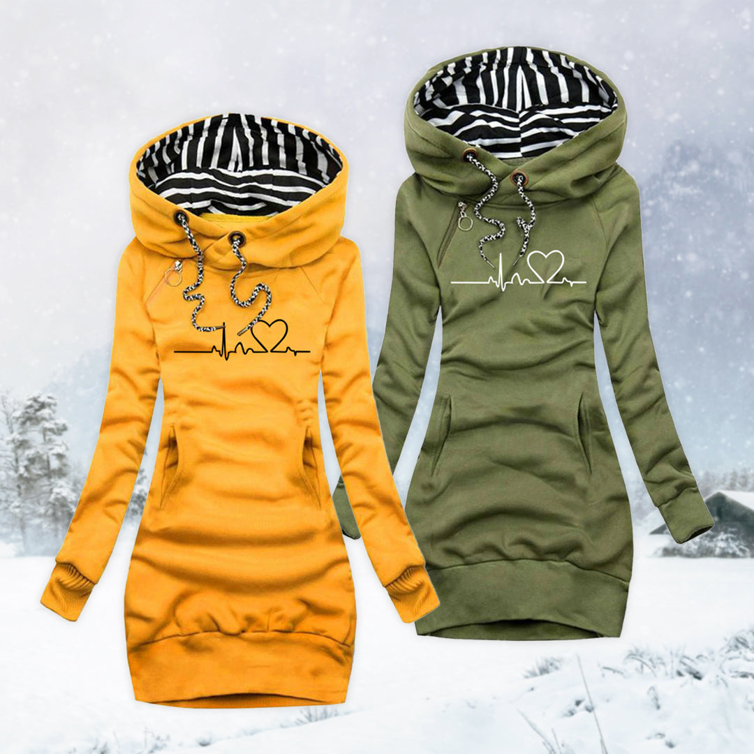 Melitta | Hoodiejurk voor dames met hartjesprint – Casual lange sweaterjurk, warm en comfortabel