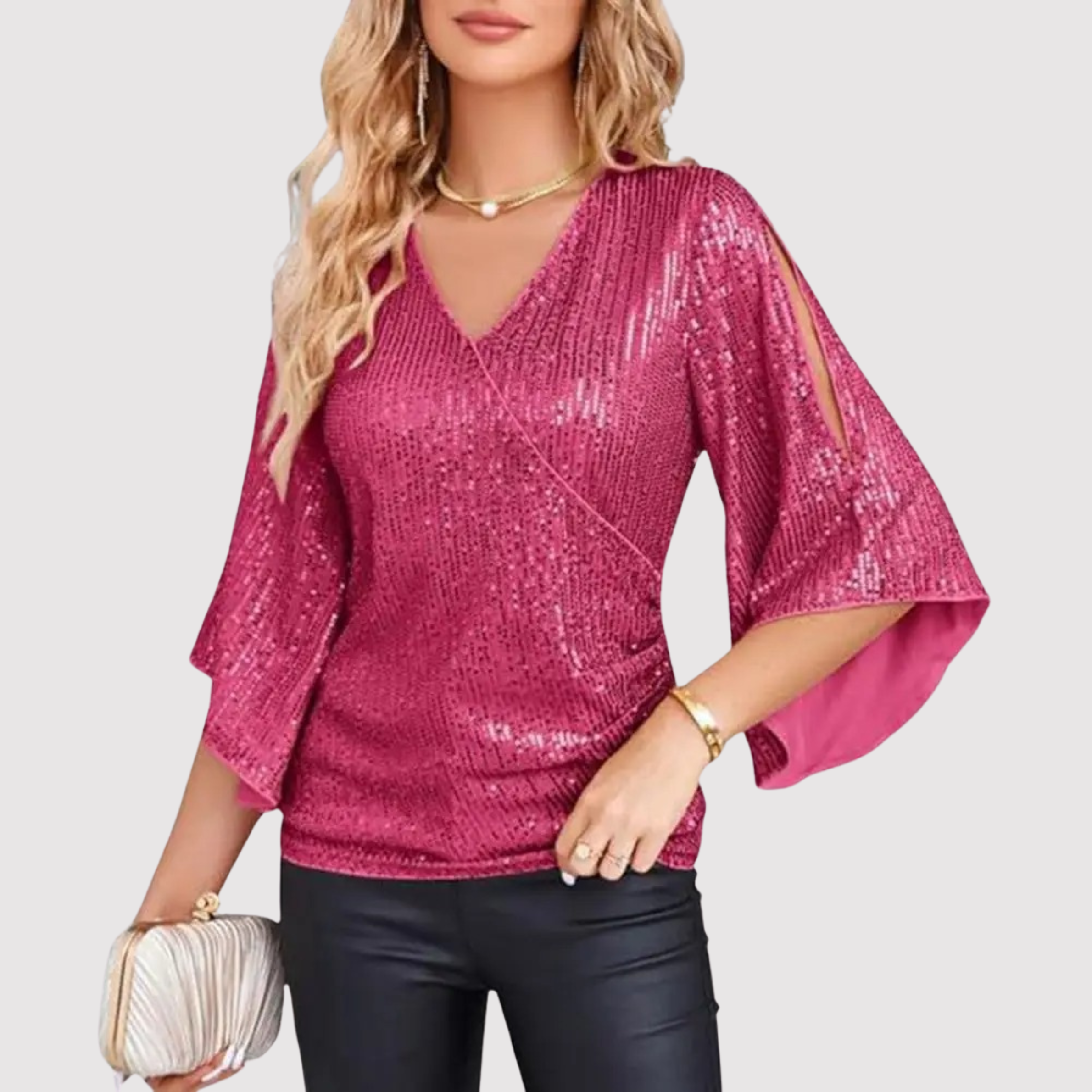Noira | Sprankelende top met V-hals en pailletten en klokmouwen voor dames – Feest- en avondkleding