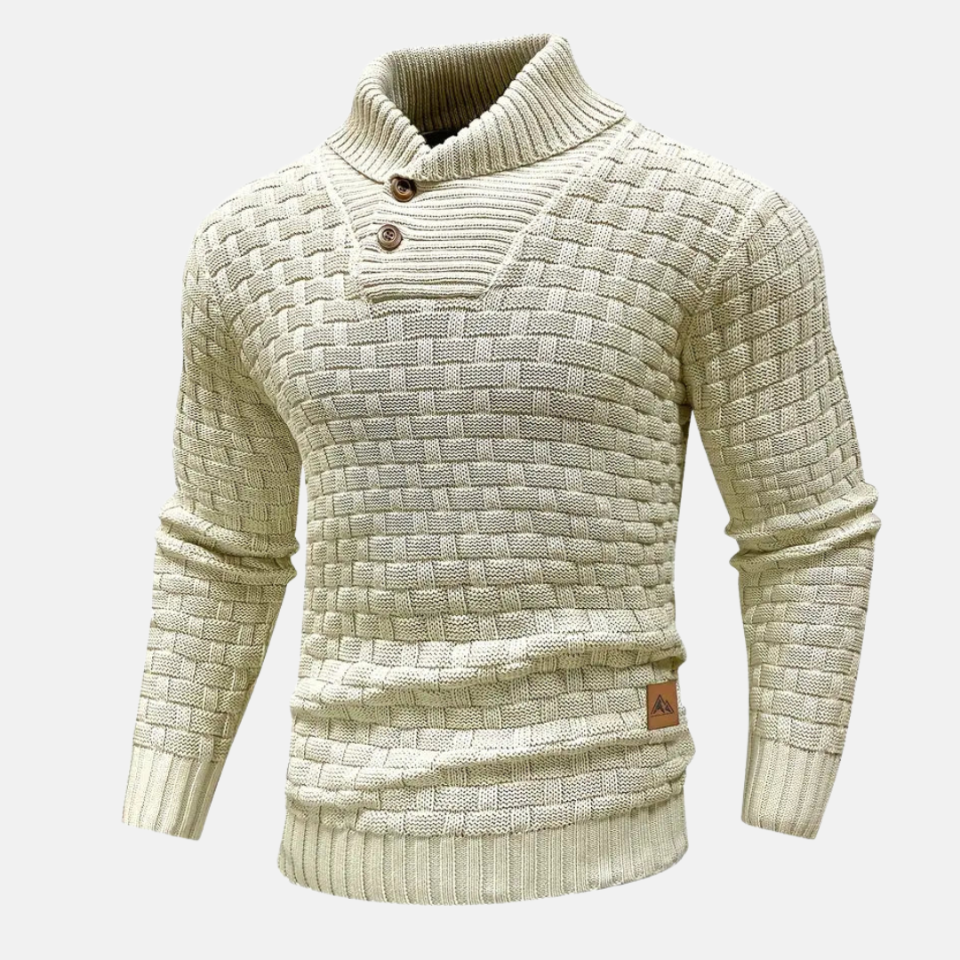 Perikles | Gebreide trui voor heren met textuur, sjaalkraag en knoopdetails, wintertrui, casual breiwerk