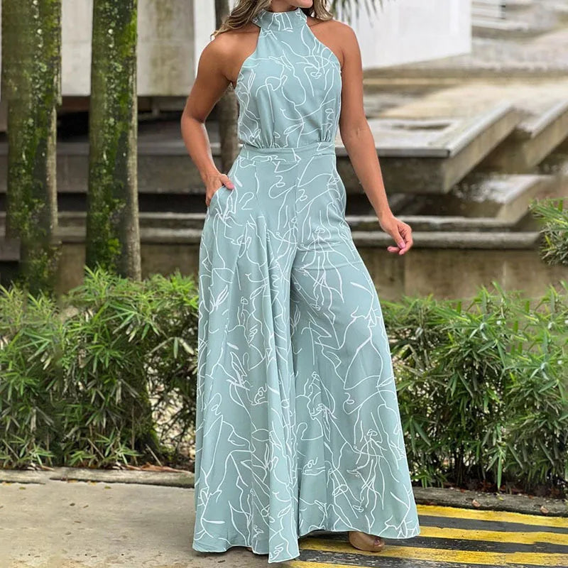 Bardha | Jumpsuit met abstracte print en wijde pijpen voor dames - Halterhals, Zomers Casual
