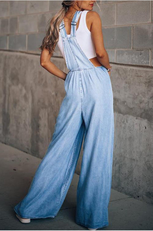 Bertille | Damesjungaree denim wijd uitgesneden mouwloze jumpsuit