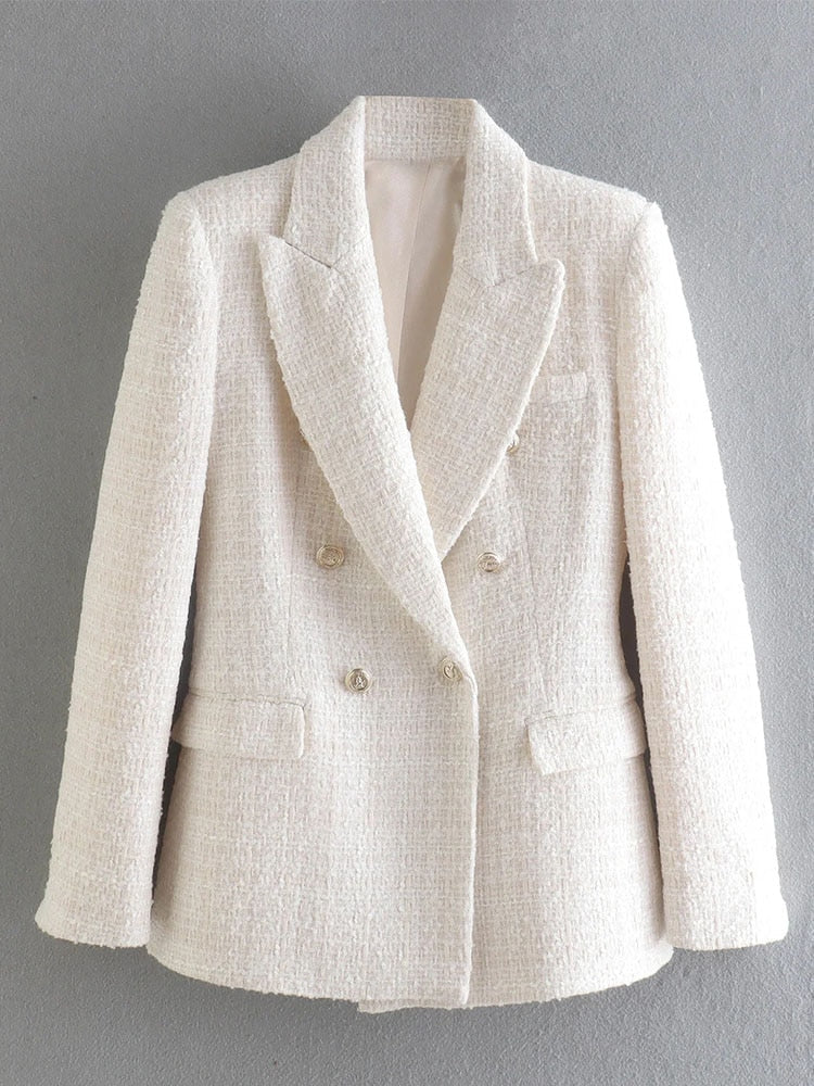 Hanneli | Beige tweed blazer met dubbele knoopsluiting voor dames, elegante getailleerde pasvorm