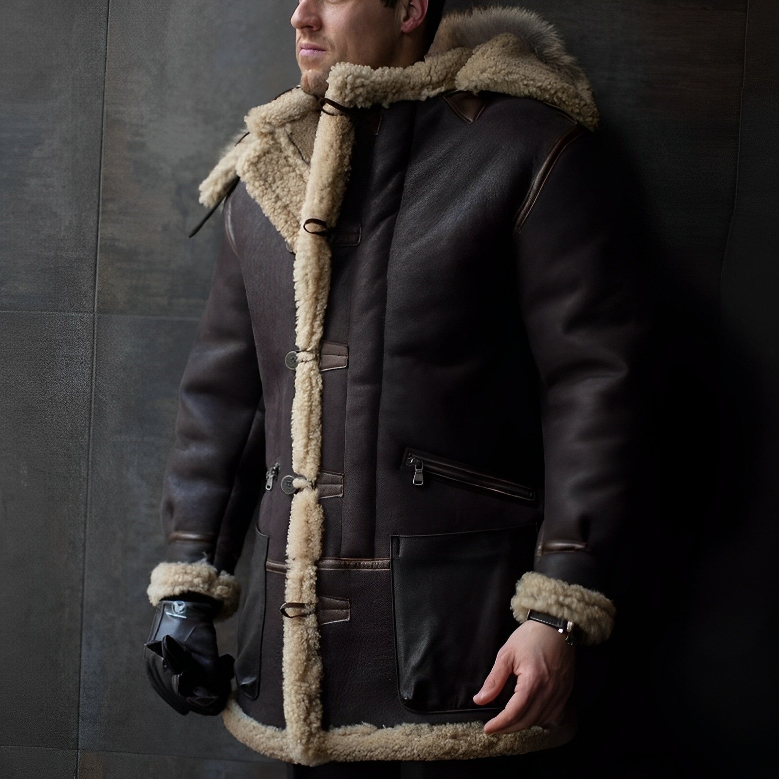 Heinrich | Heren imitatieleren pilotenjack met sherpa fleece voering – Warme winterjas