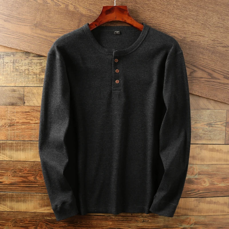 Aleksander | Heren Henley-shirt met lange mouwen – wafelbreisel, hoogwaardige katoenmix