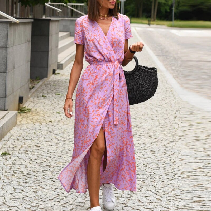Bledina | Maxi jurk met levendige bloemenprint - Taillekoord, Lichtgewicht jurk