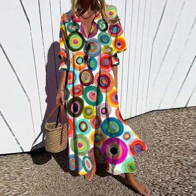 Elettra | Lange damesjurk met knoopsluiting - Boho stijl, V-hals
