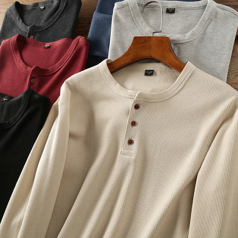 Aleksander | Heren Henley-shirt met lange mouwen – wafelbreisel, hoogwaardige katoenmix