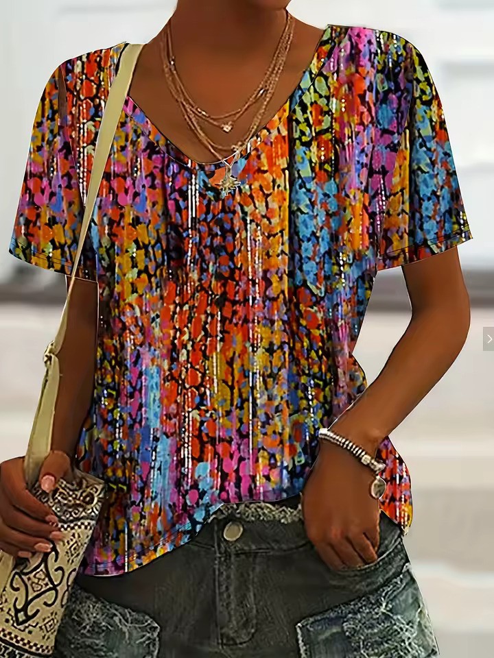 Zayenna | Retro V-hals T-shirt met all-over print voor dames - korte mouwen, casual zomertop