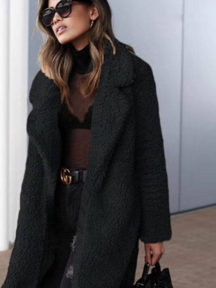 Yvonna | Lange oversized teddyjas – Winterwarme jas met reverskraag, zachte pluche bovenkleding