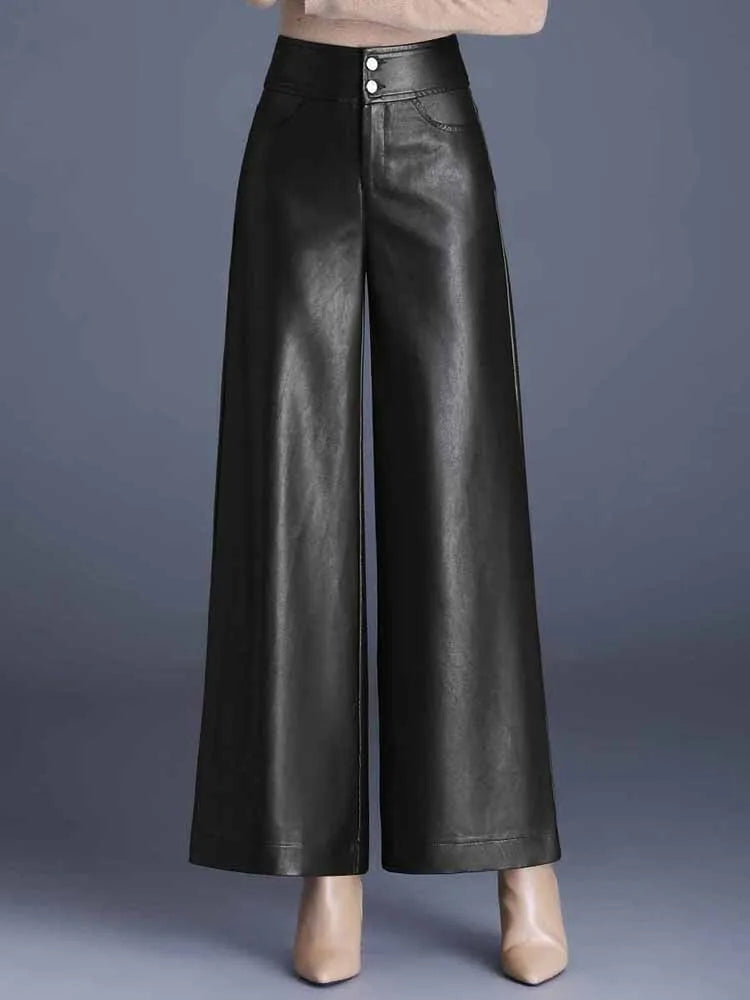 Radka | Damesbroek van PU leer met wijde pijpen - stijlvolle, comfortabele broek van imitatieleer met hoge taille