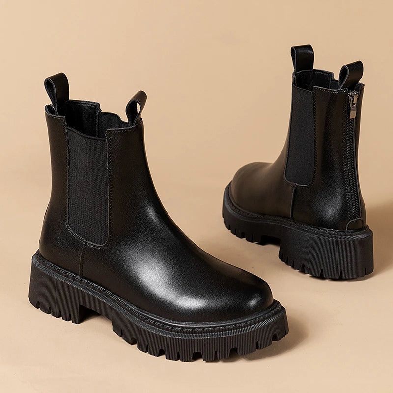 VexStep | Leren antislip Chelsea platformlaarzen voor dames - Waterdichte, comfortabele enkellaarzen