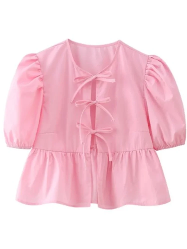 Cerelle | Peplum Babydoll Blouse - Korte Pofmouw Top met Bandjes Aan De Voorkant, Vintage Ruffle Shirt