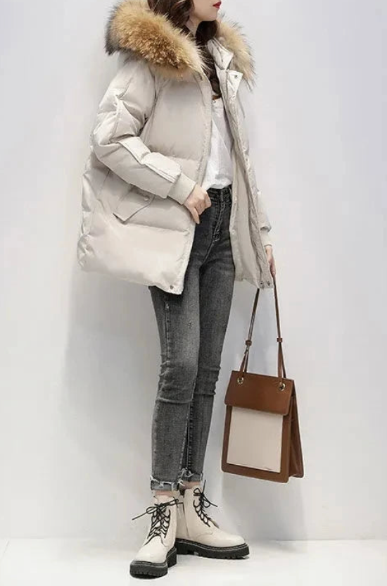 Nellissa | Winterjas met capuchon en nepbontrand, warme casual jas, bovenkleding voor koud weer