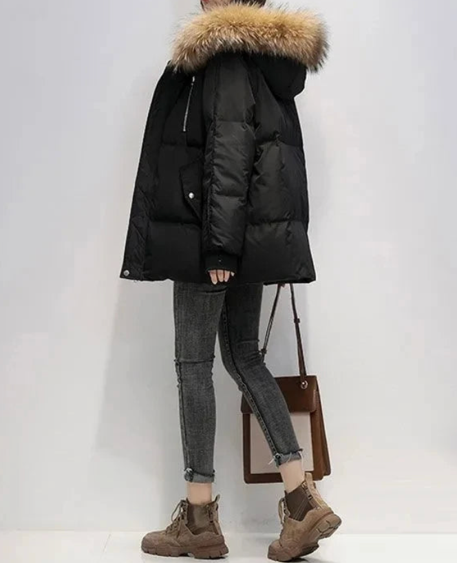 Nellissa | Winterjas met capuchon en nepbontrand, warme casual jas, bovenkleding voor koud weer