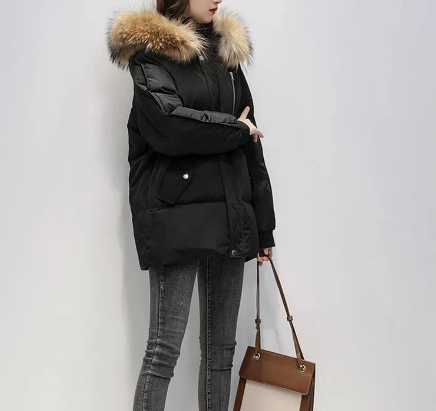 Nellissa | Winterjas met capuchon en nepbontrand, warme casual jas, bovenkleding voor koud weer