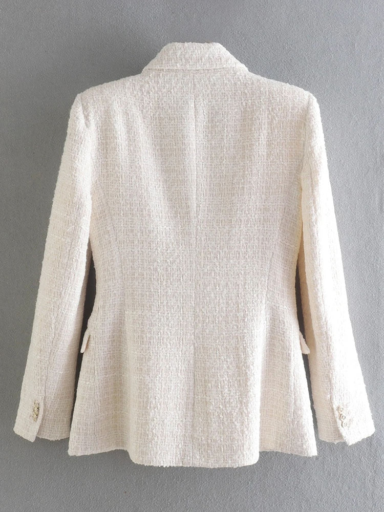 Hanneli | Beige tweed blazer met dubbele knoopsluiting voor dames, elegante getailleerde pasvorm