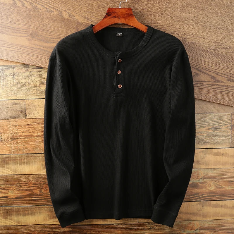 Aleksander | Heren Henley-shirt met lange mouwen – wafelbreisel, hoogwaardige katoenmix