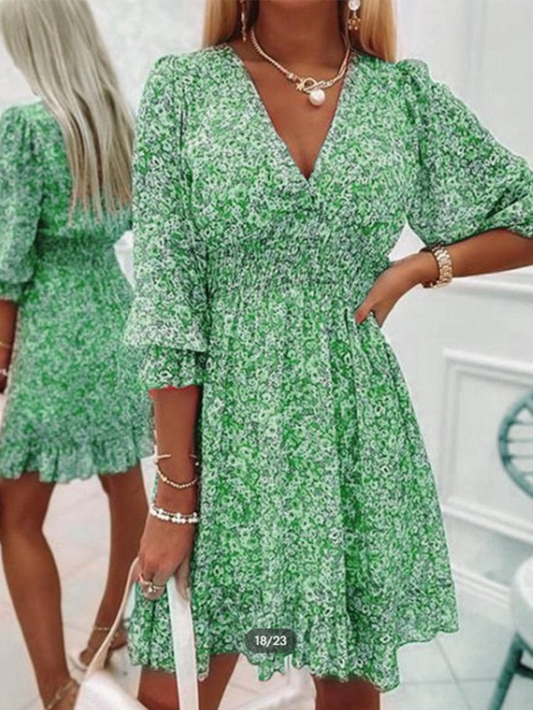 Zanna | Damesjurk met V-hals en 3/4 mouwen - Elegante Midi-jurk voor lente en zomer