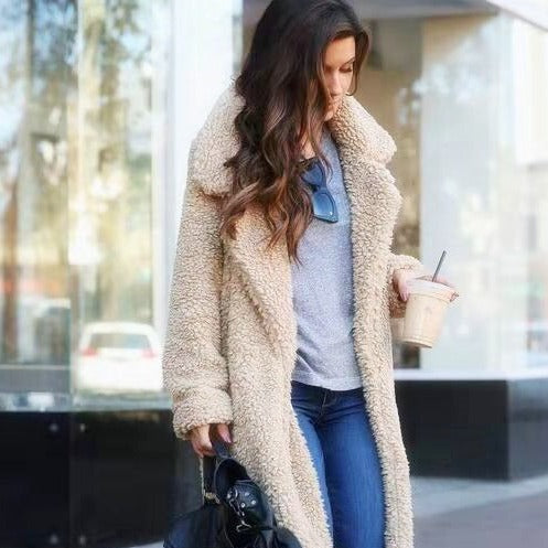 Yvonna | Lange oversized teddyjas – Winterwarme jas met reverskraag, zachte pluche bovenkleding