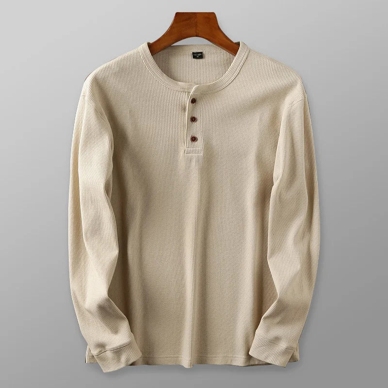 Aleksander | Heren Henley-shirt met lange mouwen – wafelbreisel, hoogwaardige katoenmix