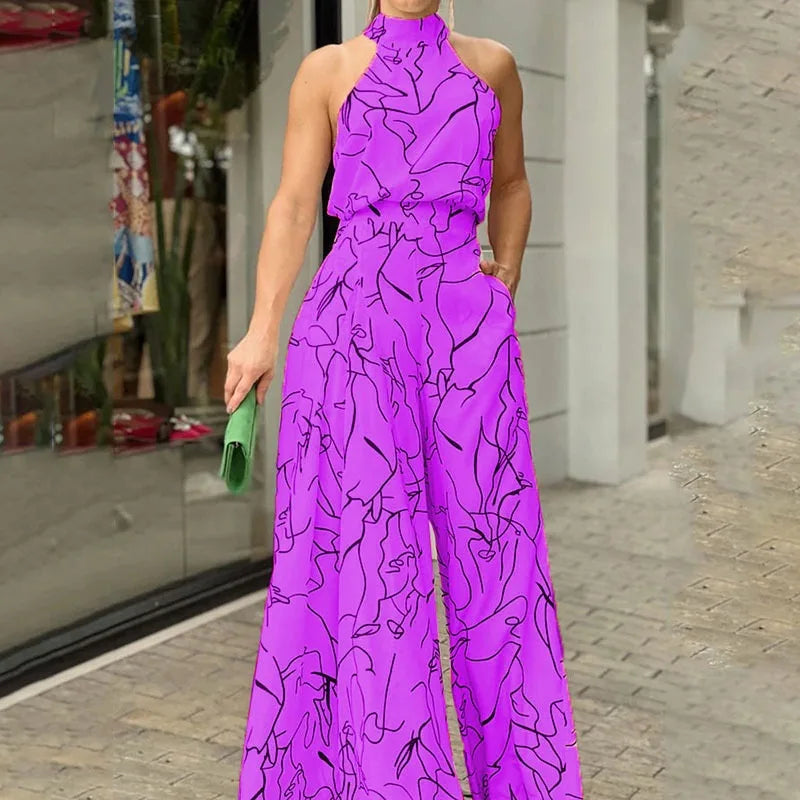 Bardha | Jumpsuit met abstracte print en wijde pijpen voor dames - Halterhals, Zomers Casual