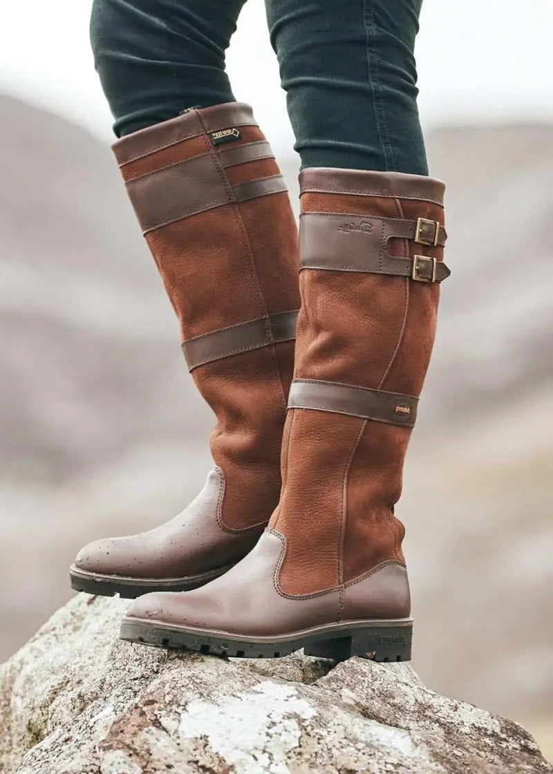 Lorvyn | Leren dijhoge laarzen voor dames, gespdetail, dikke zool, vintage stijl, herfstmode