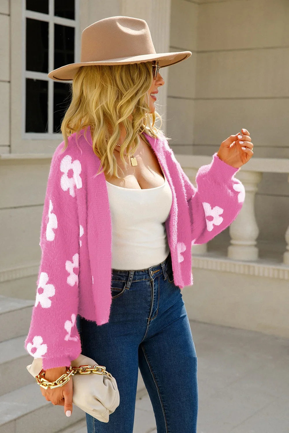 Zayelle | Gebreid damesvest met bloemen - Open voorkant, casual trui met lange mouwen
