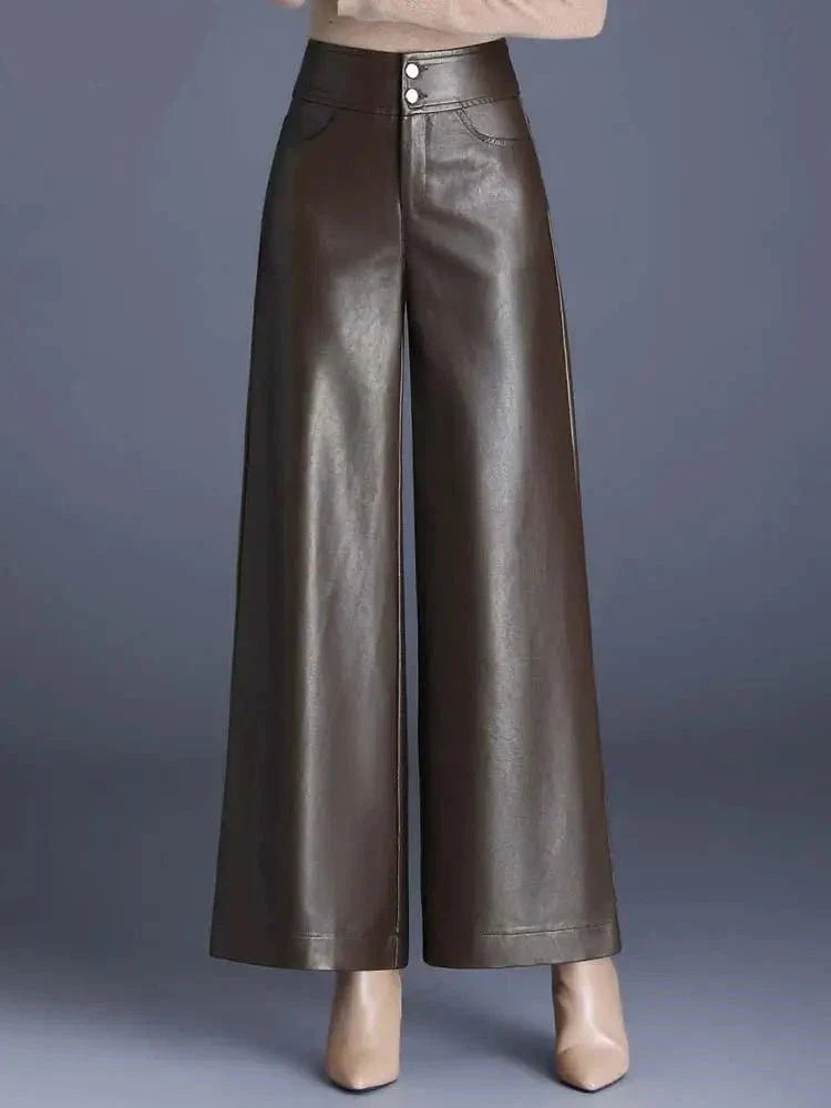 Radka | Damesbroek van PU leer met wijde pijpen - stijlvolle, comfortabele broek van imitatieleer met hoge taille