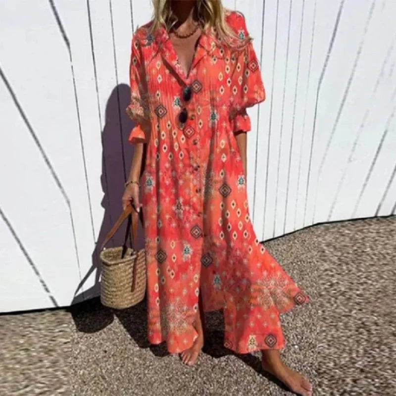 Elettra | Lange damesjurk met knoopsluiting - Boho stijl, V-hals