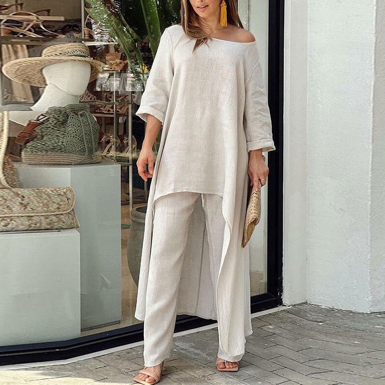 Xamara | Katoen Linnen Mix 2-delige set - Lange Mouw Top met Verlengde Rug & Relaxed Fit Broek