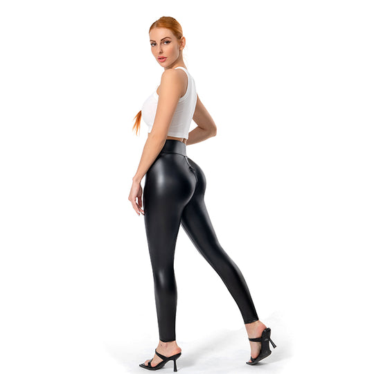 Kaerisse | Slim Fit damesbroek van imitatieleer - hoge taille, dikke rits, smalle pijpen, stretch comfort