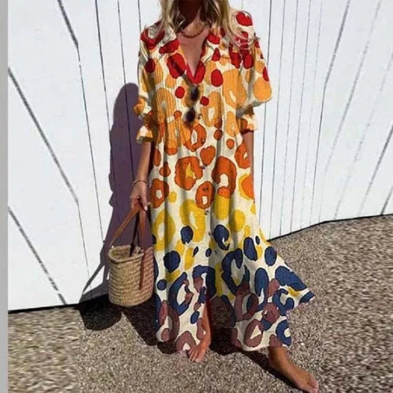 Elettra | Lange damesjurk met knoopsluiting - Boho stijl, V-hals