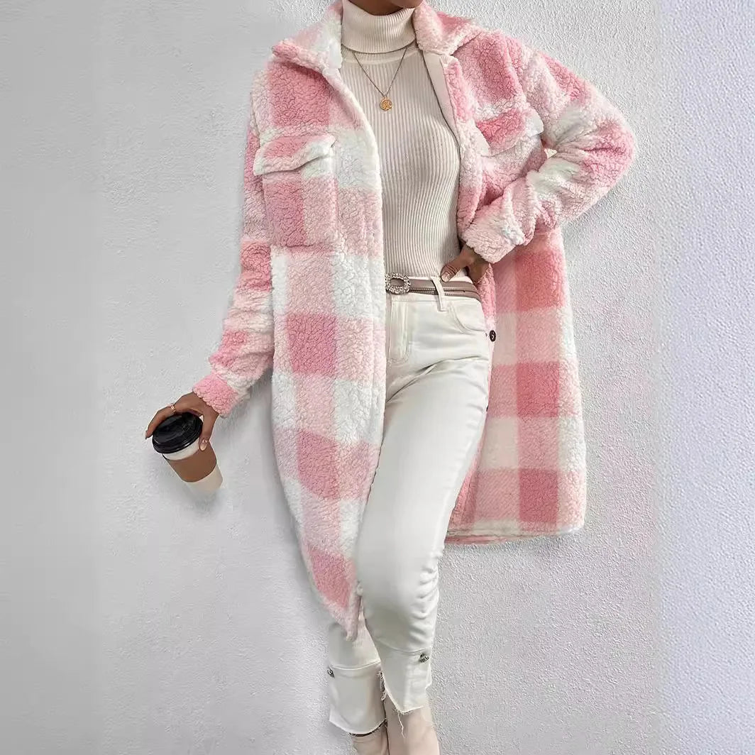 Veronica | Dames jas met ruitjesmotief – oversized pasvorm, knoopsluiting, zachte herfstjas