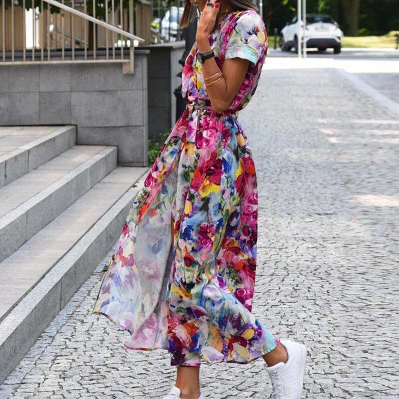 Bledina | Maxi jurk met levendige bloemenprint - Taillekoord, Lichtgewicht jurk