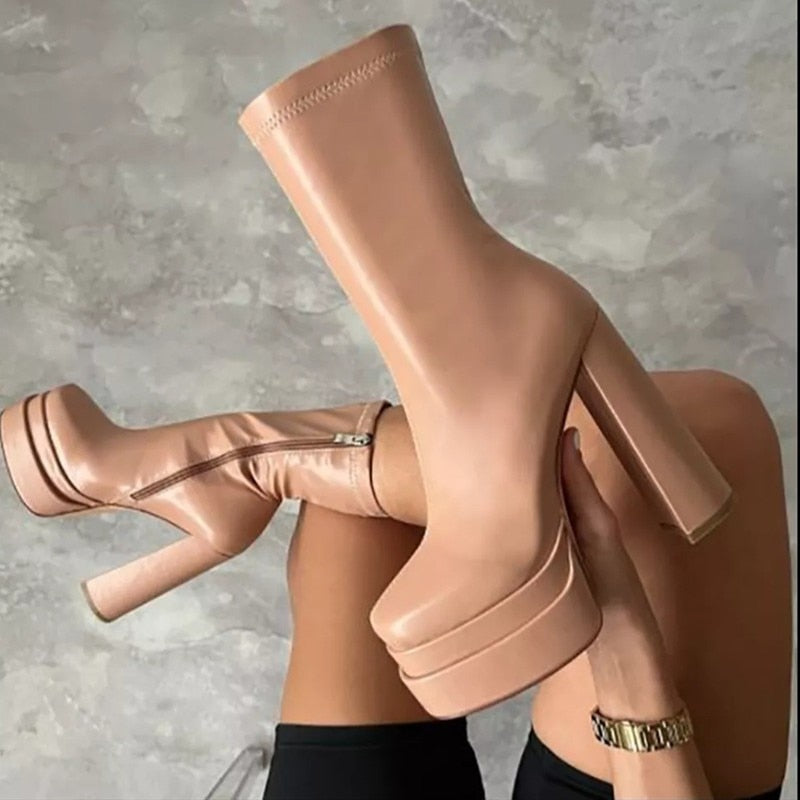 Heelscape | Damesplatform enkellaarzen met dikke hak – leer, comfortabele modieuze laarzen