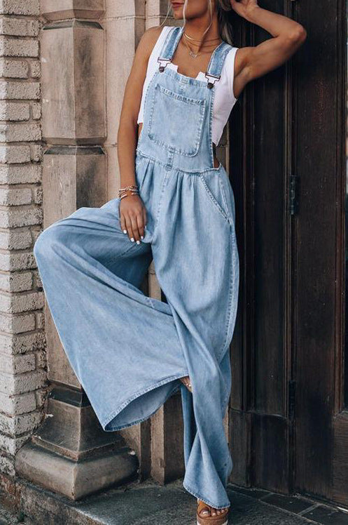 Bertille | Damesjungaree denim wijd uitgesneden mouwloze jumpsuit