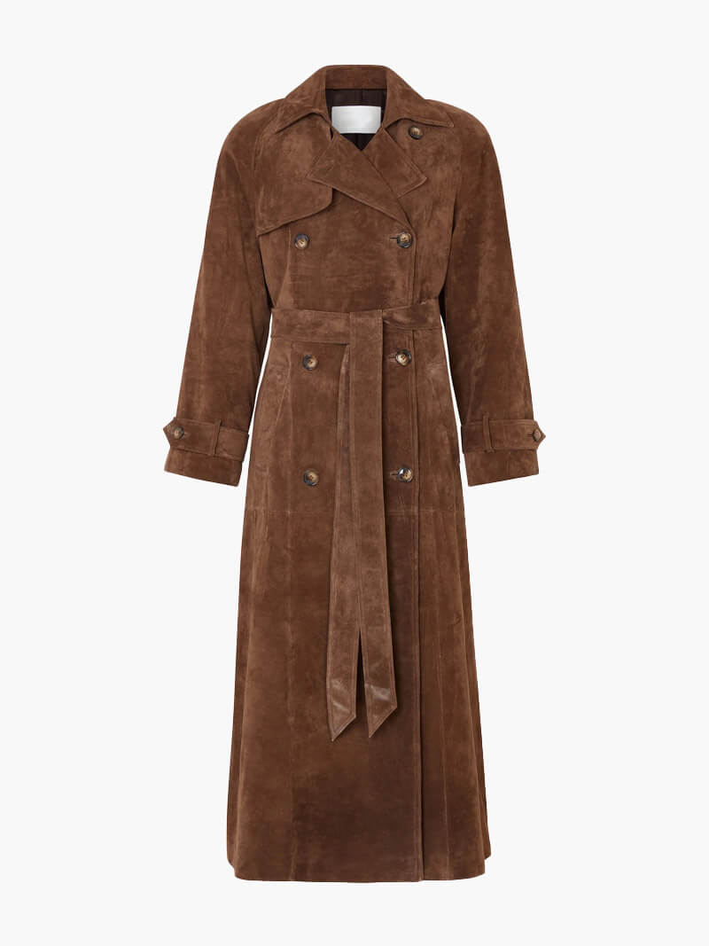 Aafke | Lange suède trenchcoat voor dames met riem, double-breasted, chic en veelzijdig